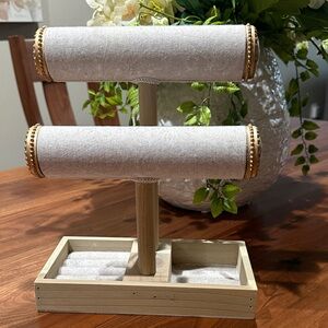 Elegant  Wooden Jewelry Organizer Lined in Beige Linen with Gold Accents